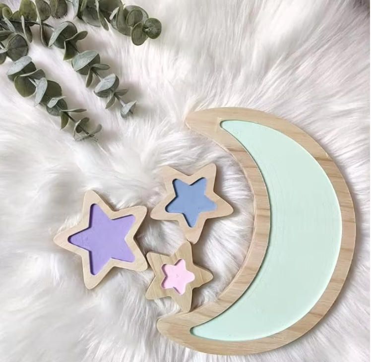 Moon Stars 3D Wooden Sticker Handmade Woodcrafts for Baby Nursery Wall Decal Children's Bedroom Home Decorations for Baby Room