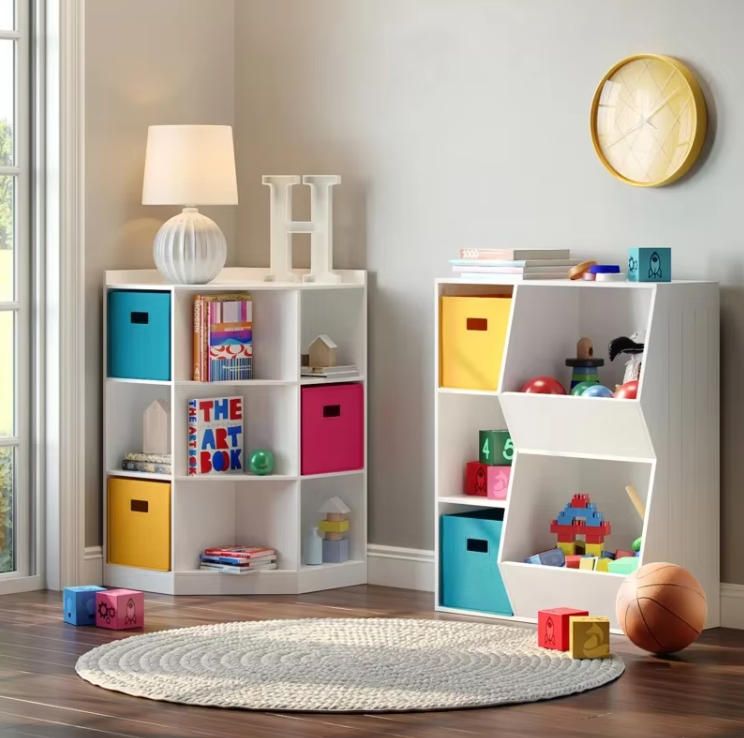 Kids Corner Playroom Cabinet with 6 Toy Storage Cubbies and 3 Angled Shelves for Bookcase Storage for Kindergarten and Home Use