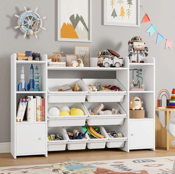 Children's White Storage Cabinet Organizer Bookshelf with 8 Bin & 2 Door Kids Toy Bookcase for Playroom & Room