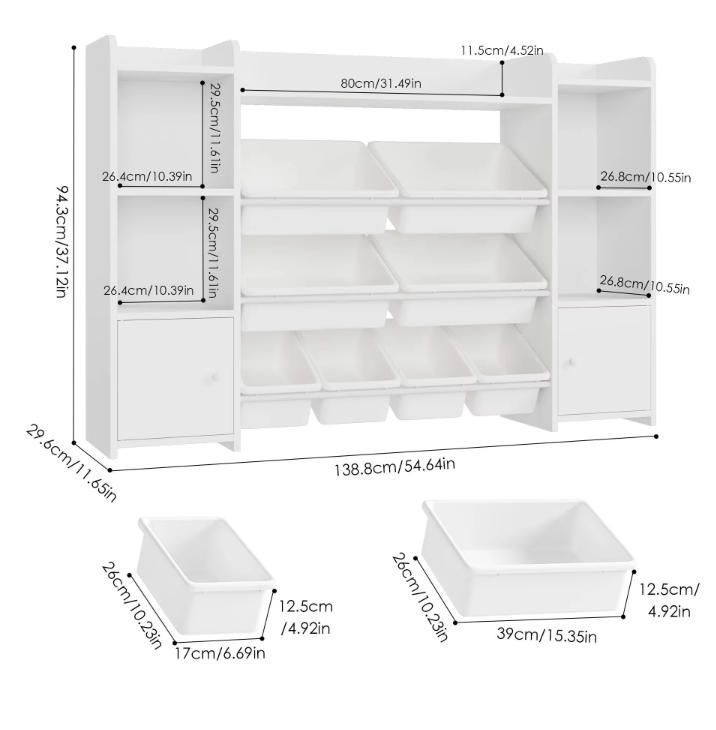 Children's White Storage Cabinet Organizer Bookshelf with 8 Bin & 2 Door Kids Toy Bookcase for Playroom & Room
