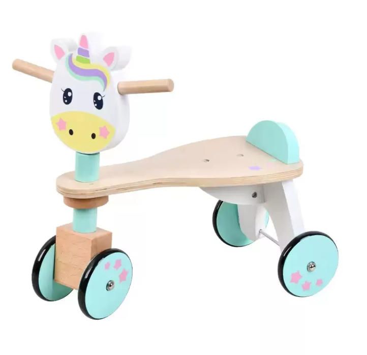 Durable 1-3 Years Old Kids' Balance Bike Non-Pedal Wooden Four Wheel Parallel Sliding Tricycle