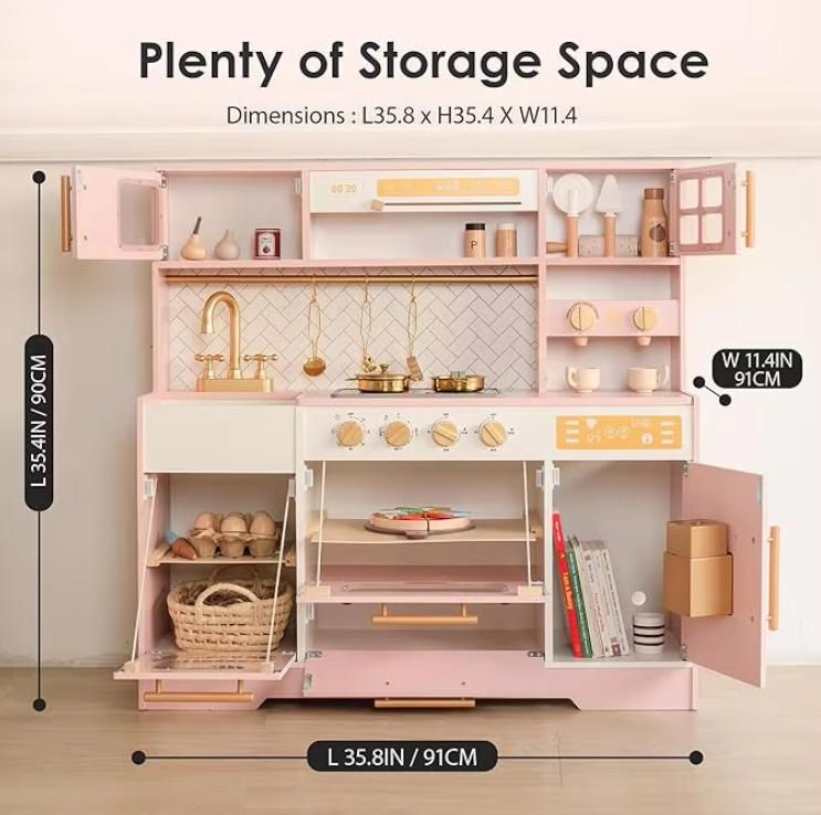 Realistic Pink Wooden Play Kitchen for Kids with 15 Fun Accessories & Storage Inspiring Pretend Play & Food Toys