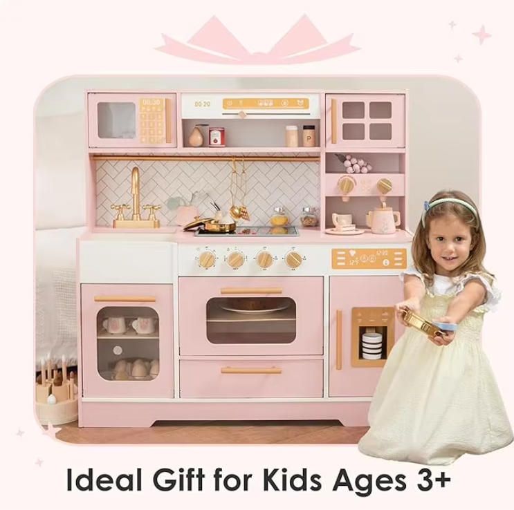 Realistic Pink Wooden Play Kitchen for Kids with 15 Fun Accessories & Storage Inspiring Pretend Play & Food Toys