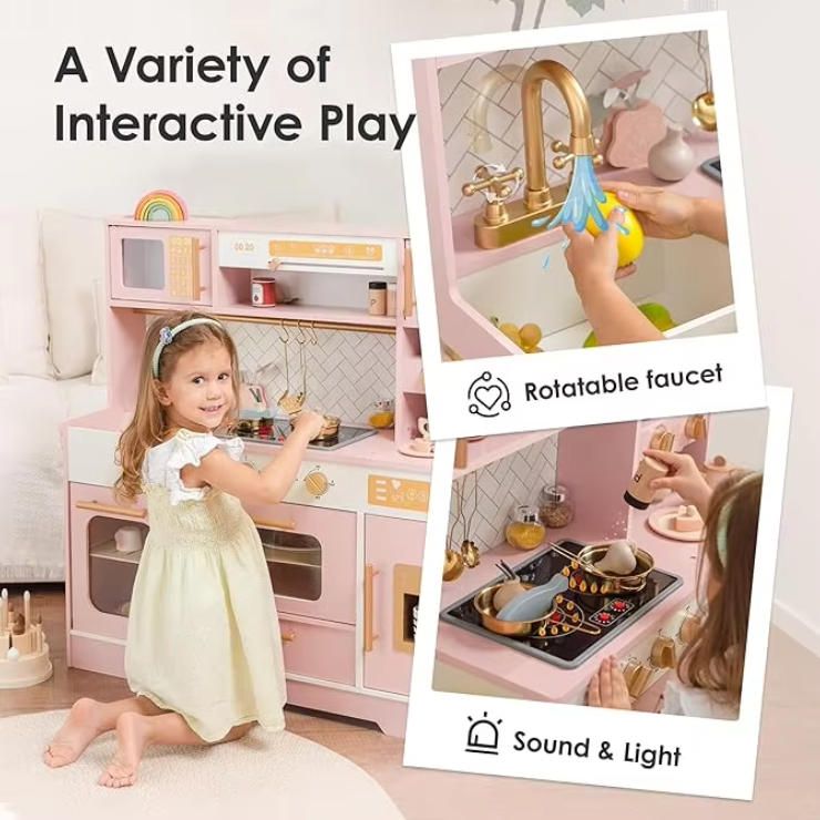 Realistic Pink Wooden Play Kitchen for Kids with 15 Fun Accessories & Storage Inspiring Pretend Play & Food Toys