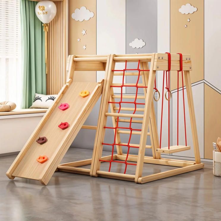 Durable Durable Wood Indoor Toys 3-in-1 Multifunctional Climbing Frame Slide Swing with Rings Climber & Play Structure
