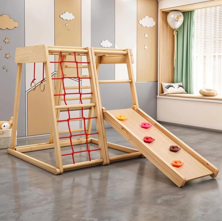 Durable Durable Wood Indoor Toys 3-in-1 Multifunctional Climbing Frame Slide Swing with Rings Climber & Play Structure