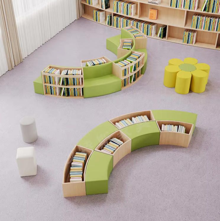 Curved Creative Sofa Combination with Bookcase Storage for School Kindergarten & Library Reading Area