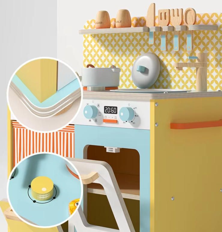 Multi-Functional Play House Simulation Wooden Kitchen Set Toy with Cooking Stove Doll and Room Layout for Role-Playing