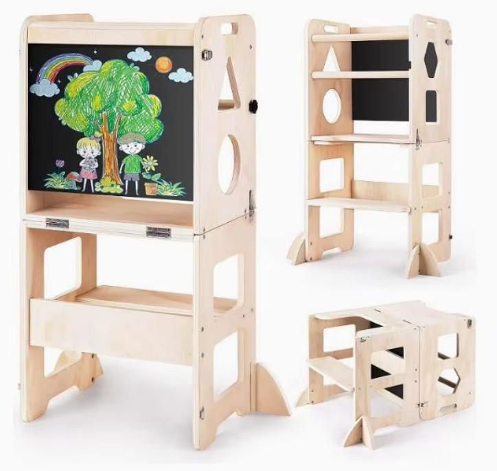 Multifunctional Foldable Wooden Learning Tower Children's Climbing Frame for Home and Drawing Children's Tower Stool