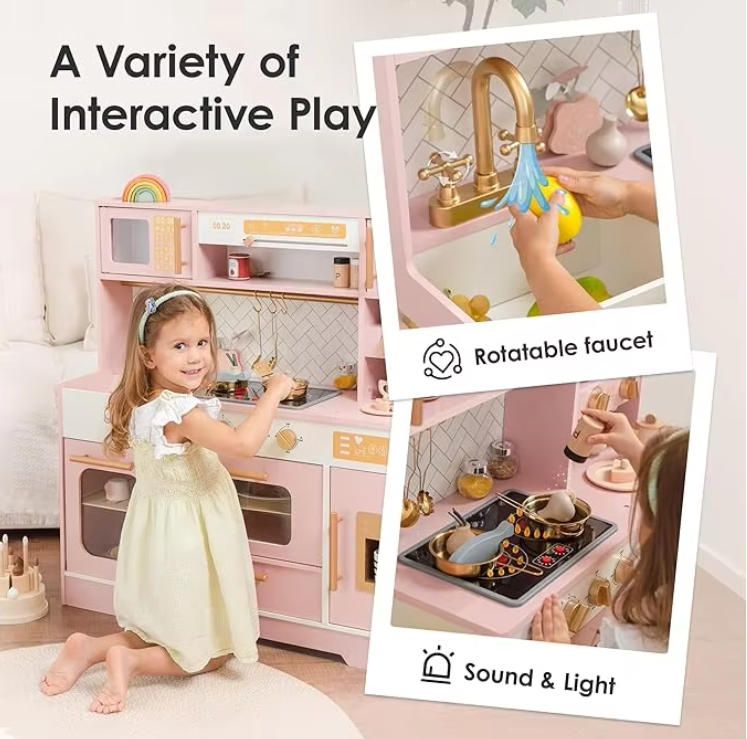 Realistic Pink Wooden Play Kitchen for Kids with 15 Fun Accessories & Storage Inspiring Pretend Play & Food Toys