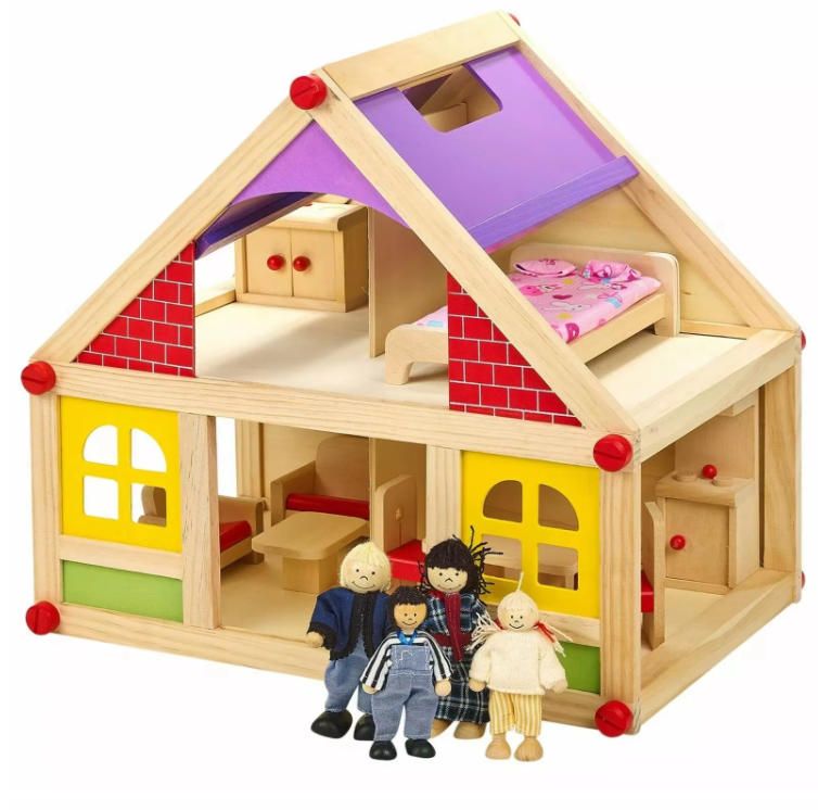 11pc Children's Wooden Doll House Furniture Figurines Educational Woodcrafts Gift for Kids