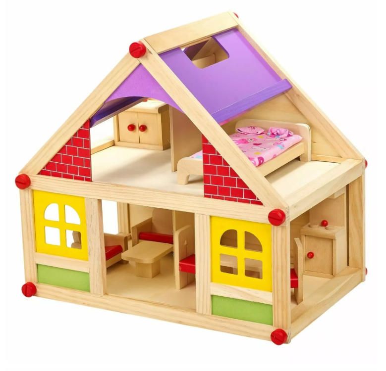 11pc Children's Wooden Doll House Furniture Figurines Educational Woodcrafts Gift for Kids