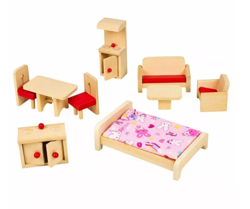 11pc Children's Wooden Doll House Furniture Figurines Educational Woodcrafts Gift for Kids