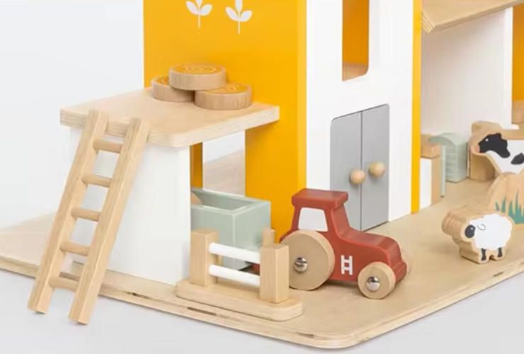 Montessori DIY Kids Wooden Play House Set with Educational Plastic Blocks Farm Scene Design Creative Toy