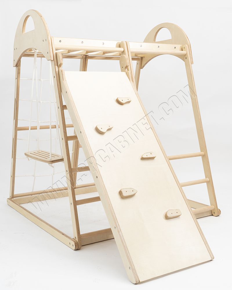 wooden indoor climbing frame and slide