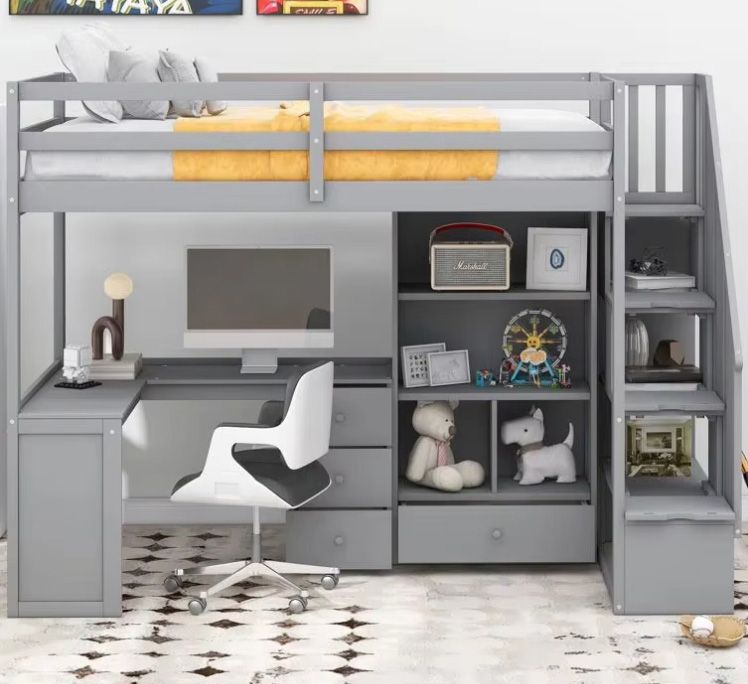 Hot Sale Kids Twin Loft Bed with Drawers Space Saving Wooden Kid Beds School wooden loft bed with desk
