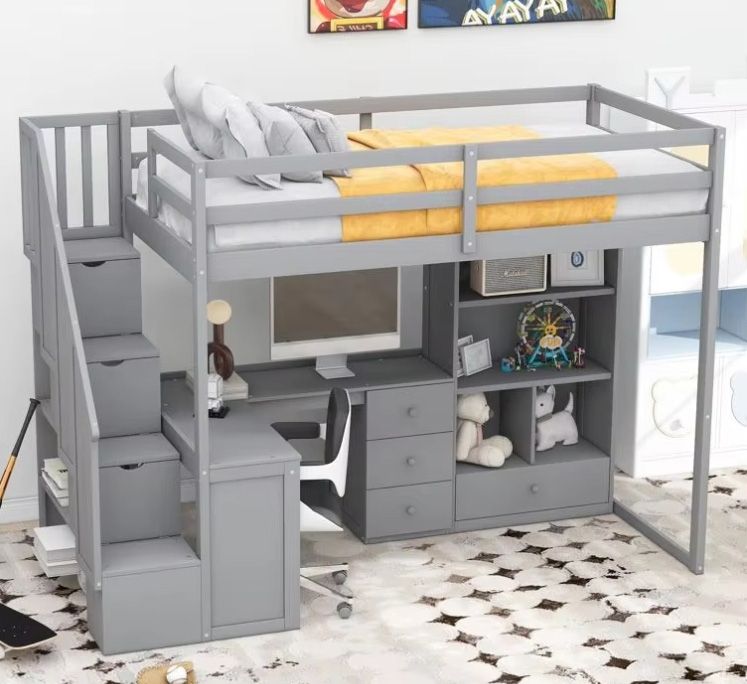 Hot Sale Kids Twin Loft Bed with Drawers Space Saving Wooden Kid Beds School wooden loft bed with desk