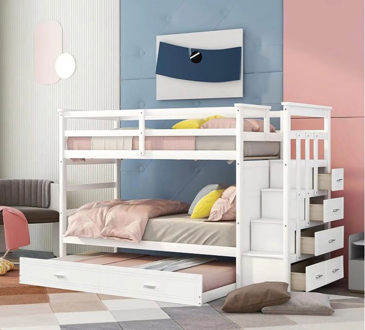 Twin Over Twin Bunk Bed with Trundle and Staircase Natural Solid Wood Bunk Kids Bed for Kids Teens Adults