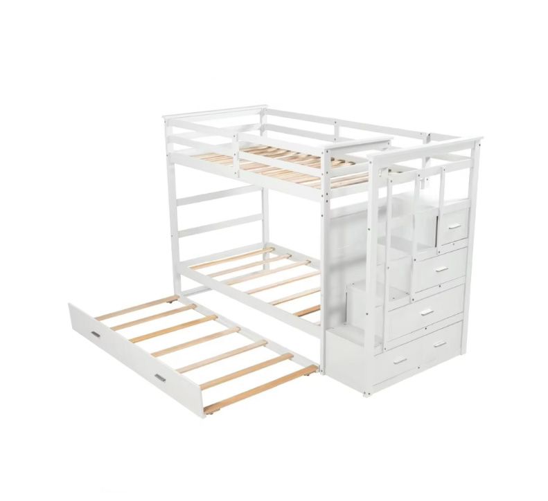 Twin Over Twin Bunk Bed with Trundle and Staircase Natural Solid Wood Bunk Kids Bed for Kids Teens Adults