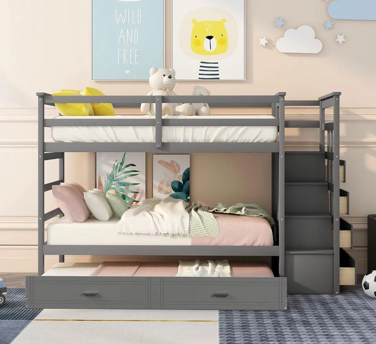 Twin Over Twin Bunk Bed with Trundle and Staircase Natural Solid Wood Bunk Kids Bed for Kids Teens Adults