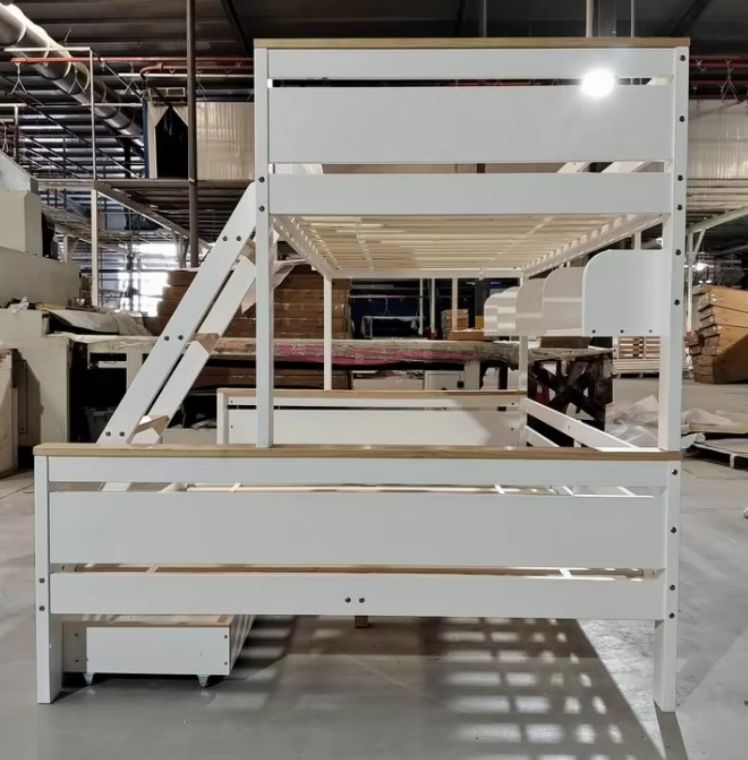 Solid wood children's bunk kids beds with drawers and shelves are uniquely styled and easy to assemble