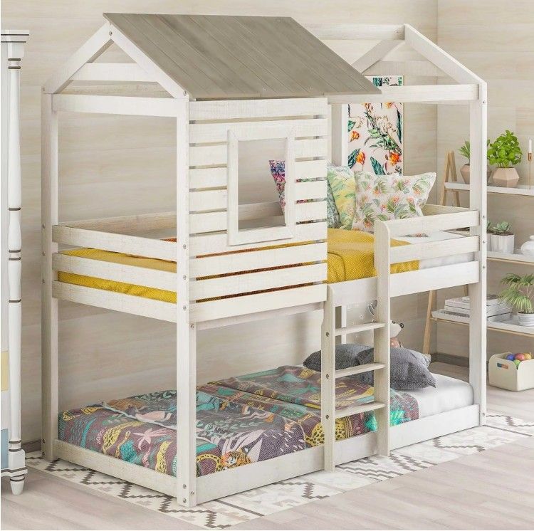 Good Quality Solid Wood Queen Size Children Kids Bunk Bed With Roof And Built-In Ladder Suitable For Children And Teenagers