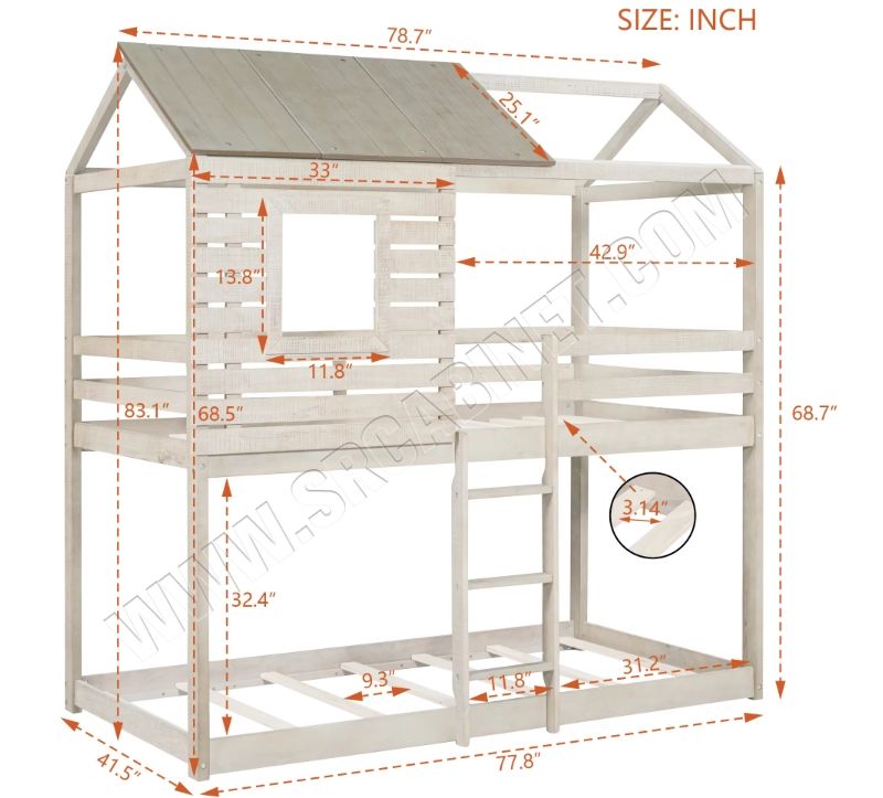 Good Quality Solid Wood Queen Size Children Kids Bunk Bed With Roof And Built-In Ladder Suitable For Children And Teenagers