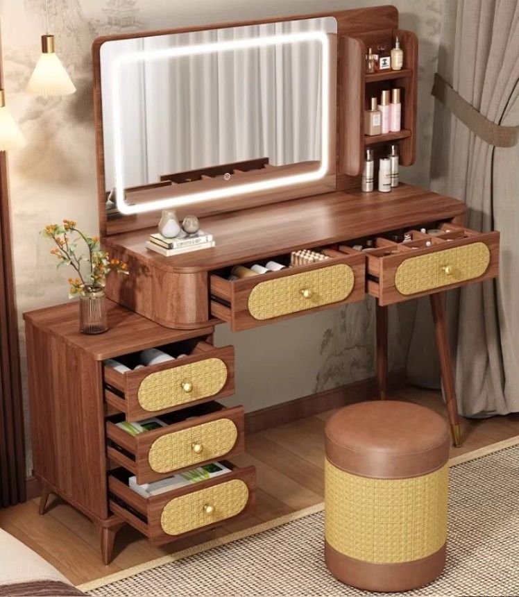 2024 Modern Simple Bedroom Dressing Table Middle Ancient Style Light Luxury Solid Wood Color Desk Integrated Makeup Vanities