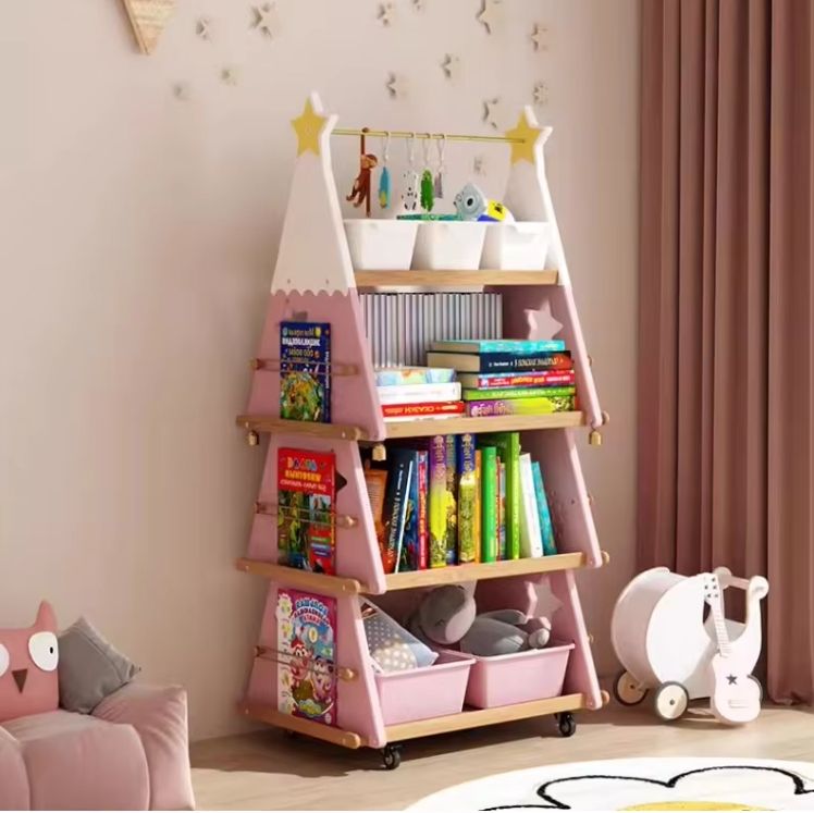 Creative Children's Bookshelf Storage Rack Christmas Tree Mobile Bookcase Wheels Floor Standing Multi-Layer Solid Wood Picture
