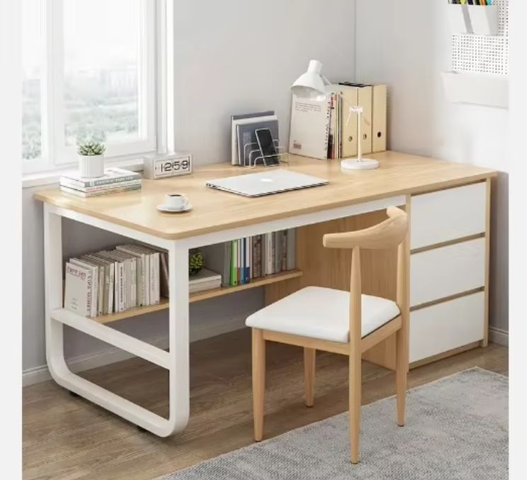 Modern Simple Wooden Writing Desk with Iron Computer Table and Drawer for Home Office Bedroom or Small Spaces