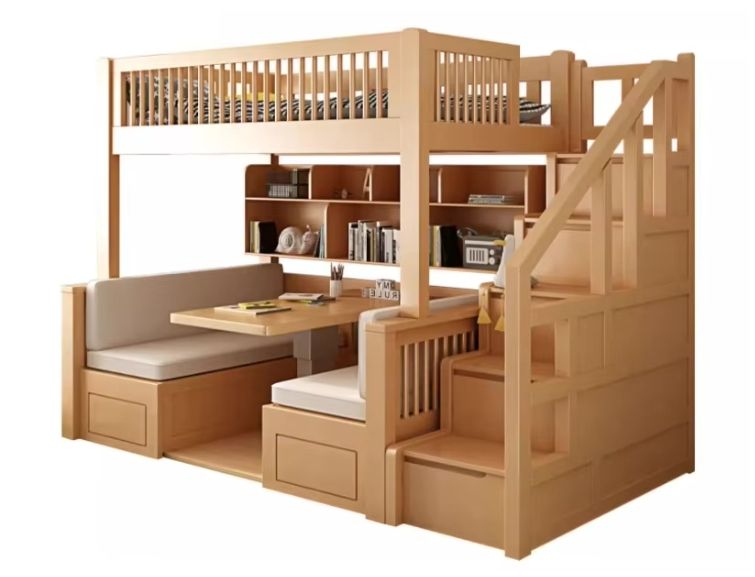 Modern All Solid Wood Bunk Bed with High-Low Elevated Table Adult-Child Integrated Desks Combination Upper/Lower Tables