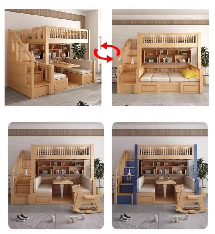 Modern All Solid Wood Bunk Bed with High-Low Elevated Table Adult-Child Integrated Desks Combination Upper/Lower Tables