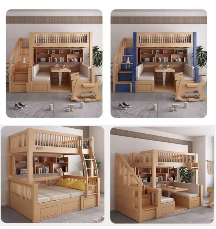 Modern All Solid Wood Bunk Bed with High-Low Elevated Table Adult-Child Integrated Desks Combination Upper/Lower Tables