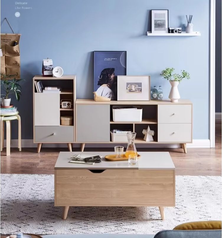 Modern Nordic Minimalist Living Room Storage TV Cabinet and Coffee Table Combination Small Home Use Floor Unit with Tea Table