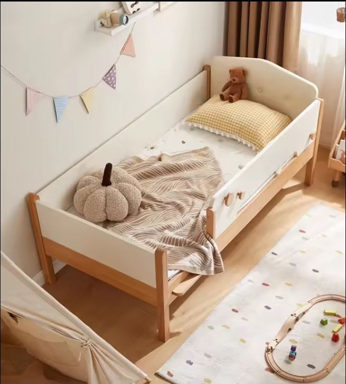 Solid Wood Cream Style Single Bed for Children High Guardrail Wider Baby Bed with Spliced Design for Modern Bedrooms Schools