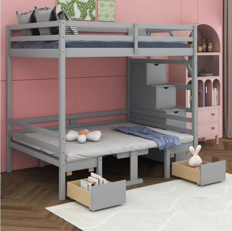 Modern 2-Drawer Full over Full Loft Bed with Built-In-Desk Featuring Panel Wood Style