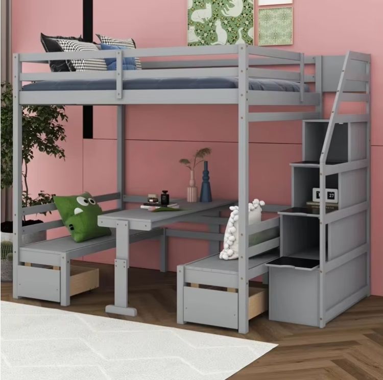 Modern 2-Drawer Full over Full Loft Bed with Built-In-Desk Featuring Panel Wood Style