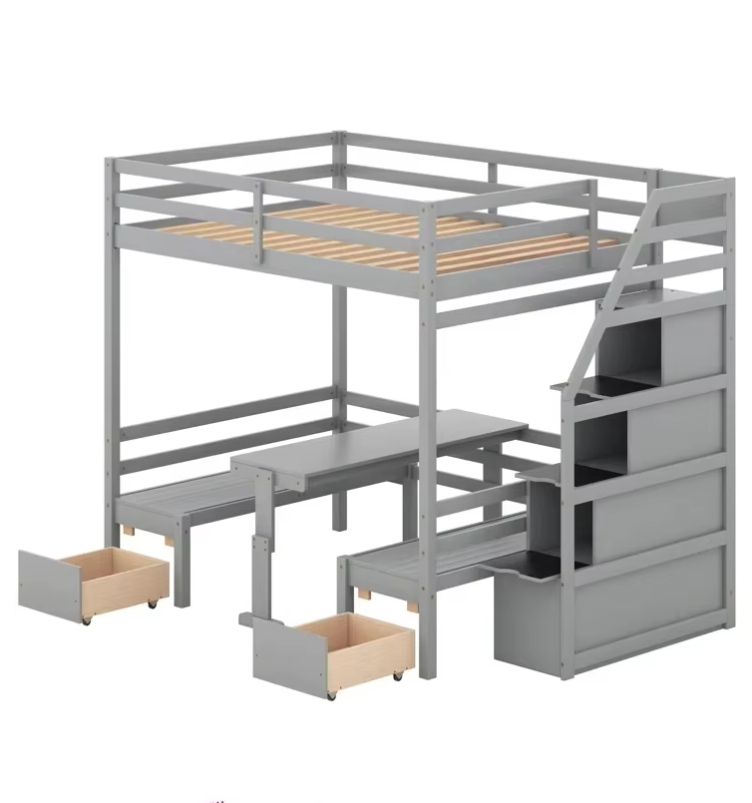 Modern 2-Drawer Full over Full Loft Bed with Built-In-Desk Featuring Panel Wood Style