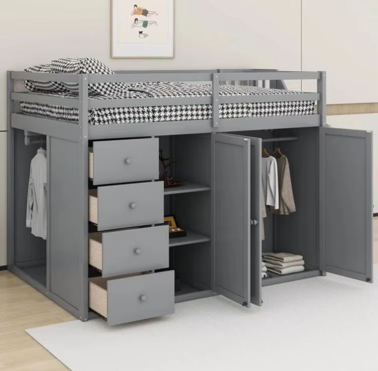 Modern Solid Wood Loft Bed with Panel Style Full-Size Built-In Wardrobes Cabinets and Drawers for Bedroom Home Furniture