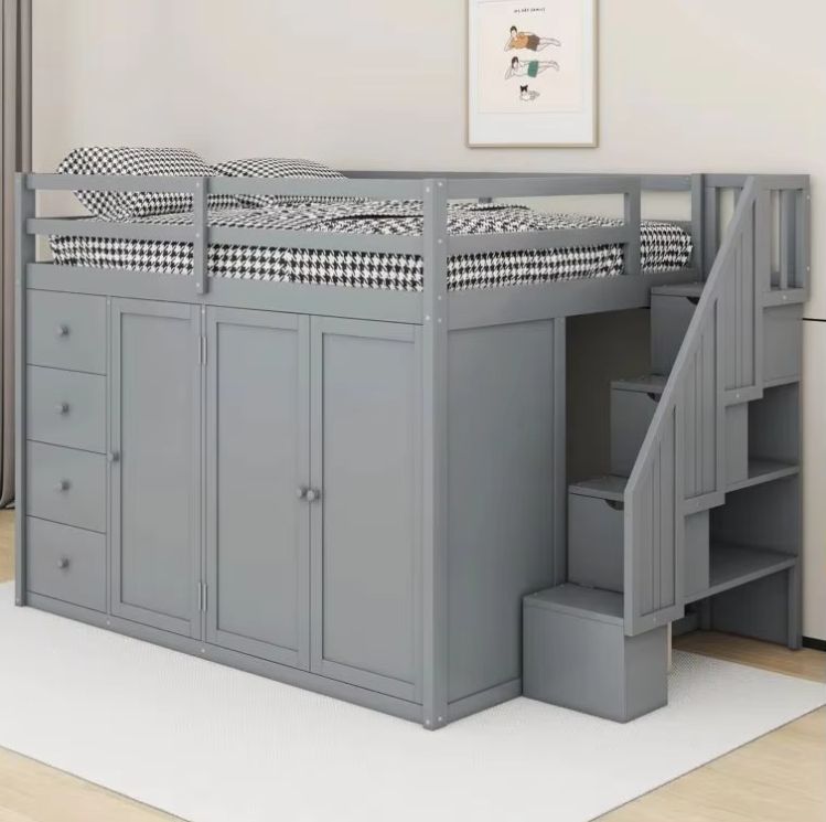 Modern Solid Wood Loft Bed with Panel Style Full-Size Built-In Wardrobes Cabinets and Drawers for Bedroom Home Furniture