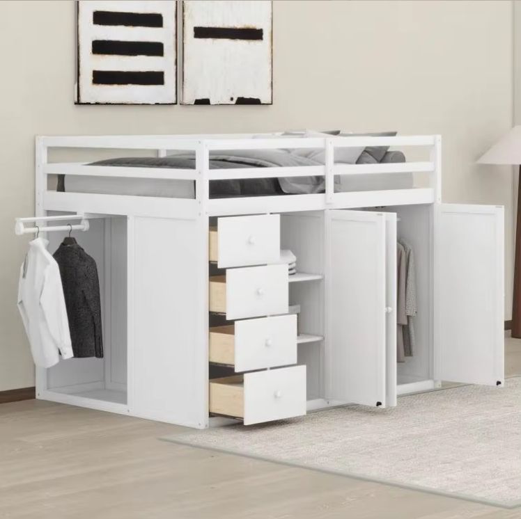 Modern Solid Wood Loft Bed with Panel Style Full-Size Built-In Wardrobes Cabinets and Drawers for Bedroom Home Furniture