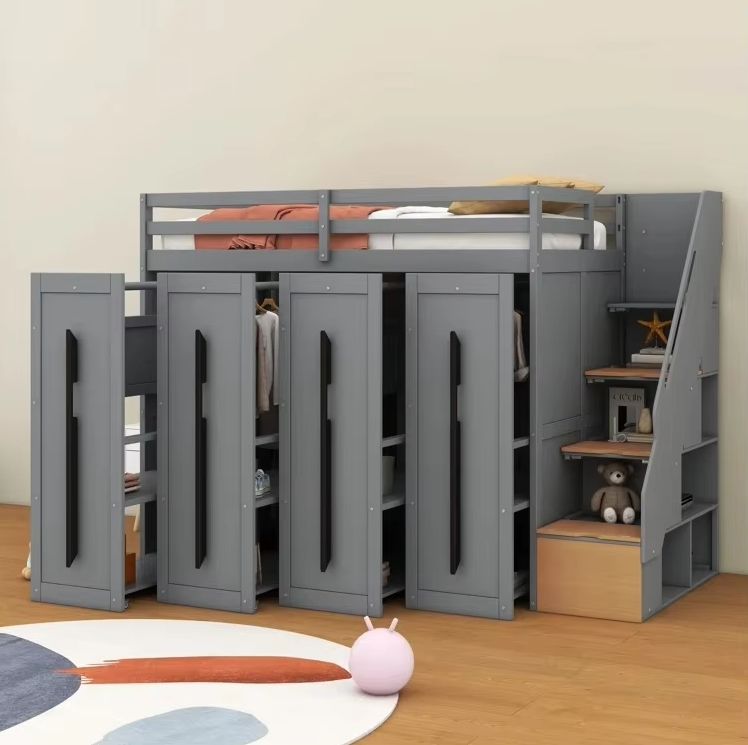 Modern Loft Wooden Bed with Two-Tone Panel Practical Wood Storage Stairs and Pull-Out Wardrobes、