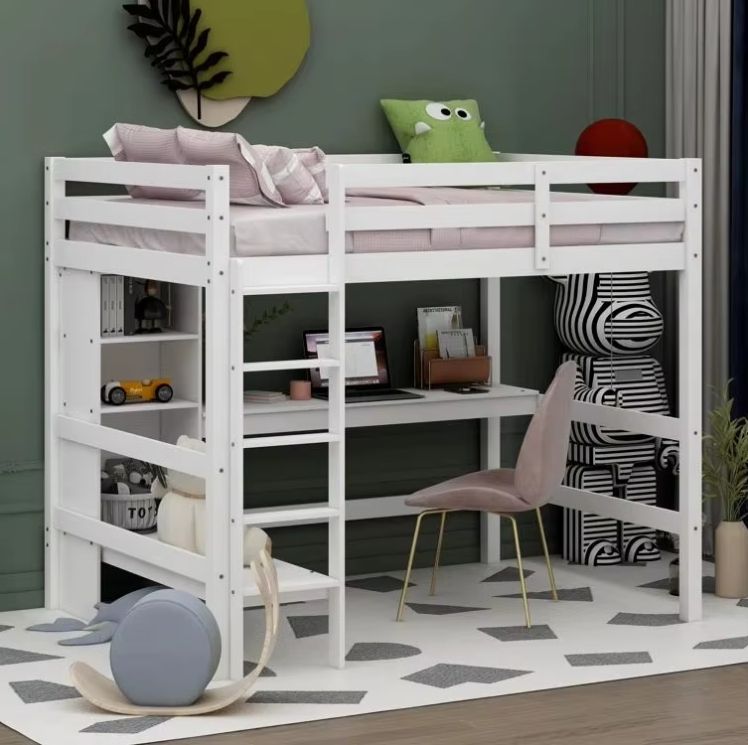 Modern Wood Loft Bed Frame Triple Bunk Twin over Twin with L-Shaped Design 2 Drawers