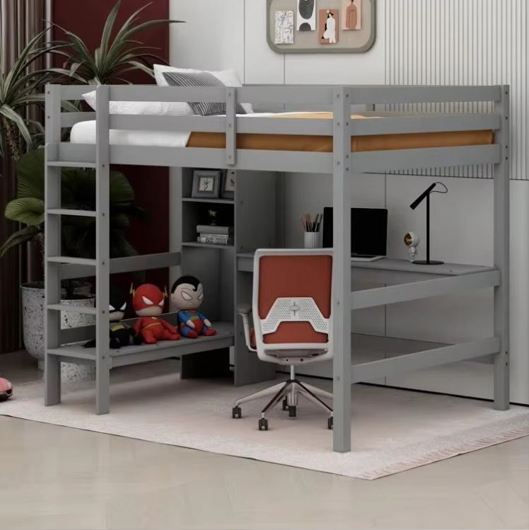 Modern Wood Loft Bed Frame Triple Bunk Twin over Twin with L-Shaped Design 2 Drawers