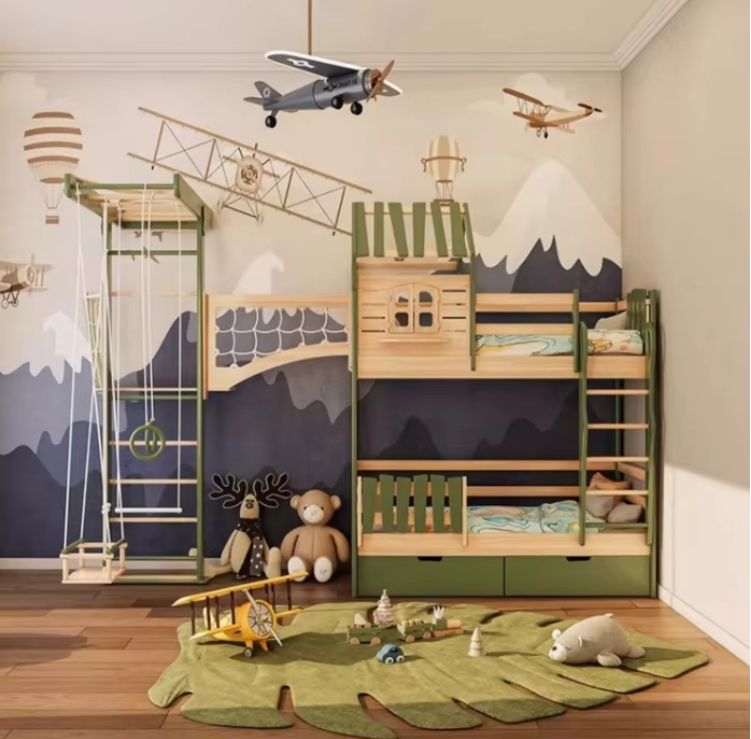 Modern Children's High and Low Bunk Bed with Play Swing Frame Solid Pine Wood Panel Bed for Home Furniture