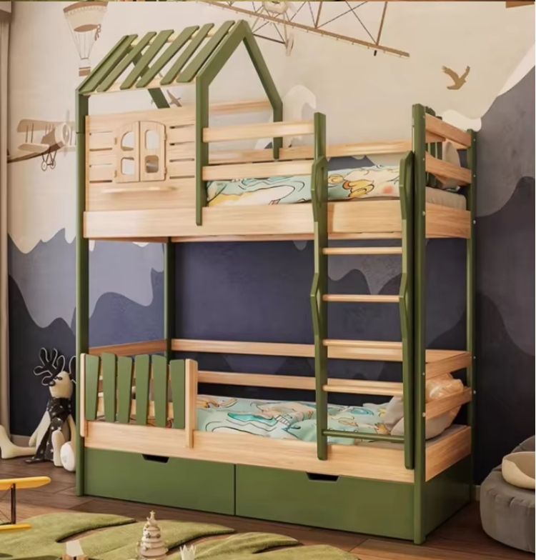 Modern Children's High and Low Bunk Bed with Play Swing Frame Solid Pine Wood Panel Bed for Home Furniture