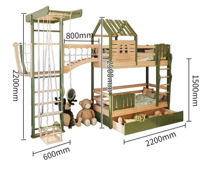 Modern Children's High and Low Bunk Bed with Play Swing Frame Solid Pine Wood Panel Bed for Home Furniture