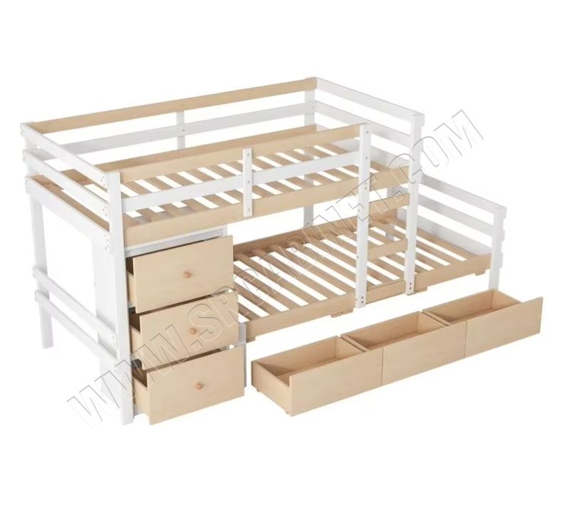 Modern 6-Drawer Twin over Twin Oak Design Standard Double Size Bunk Kids Bed with MDF Wood Panel for Bedroom