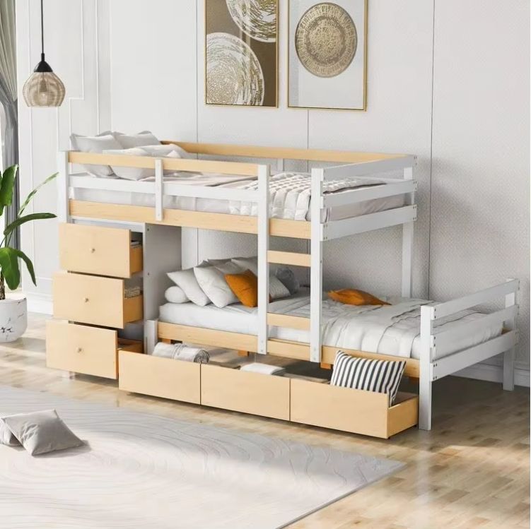 Oak 6-Drawer Twin over Twin Standard Bunk Kids Bed Double Size MDF Wood Style for Bedroom