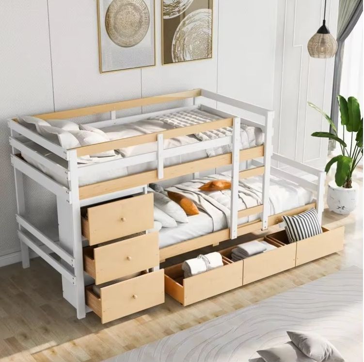 Oak 6-Drawer Twin over Twin Standard Bunk Kids Bed Double Size MDF Wood Style for Bedroom